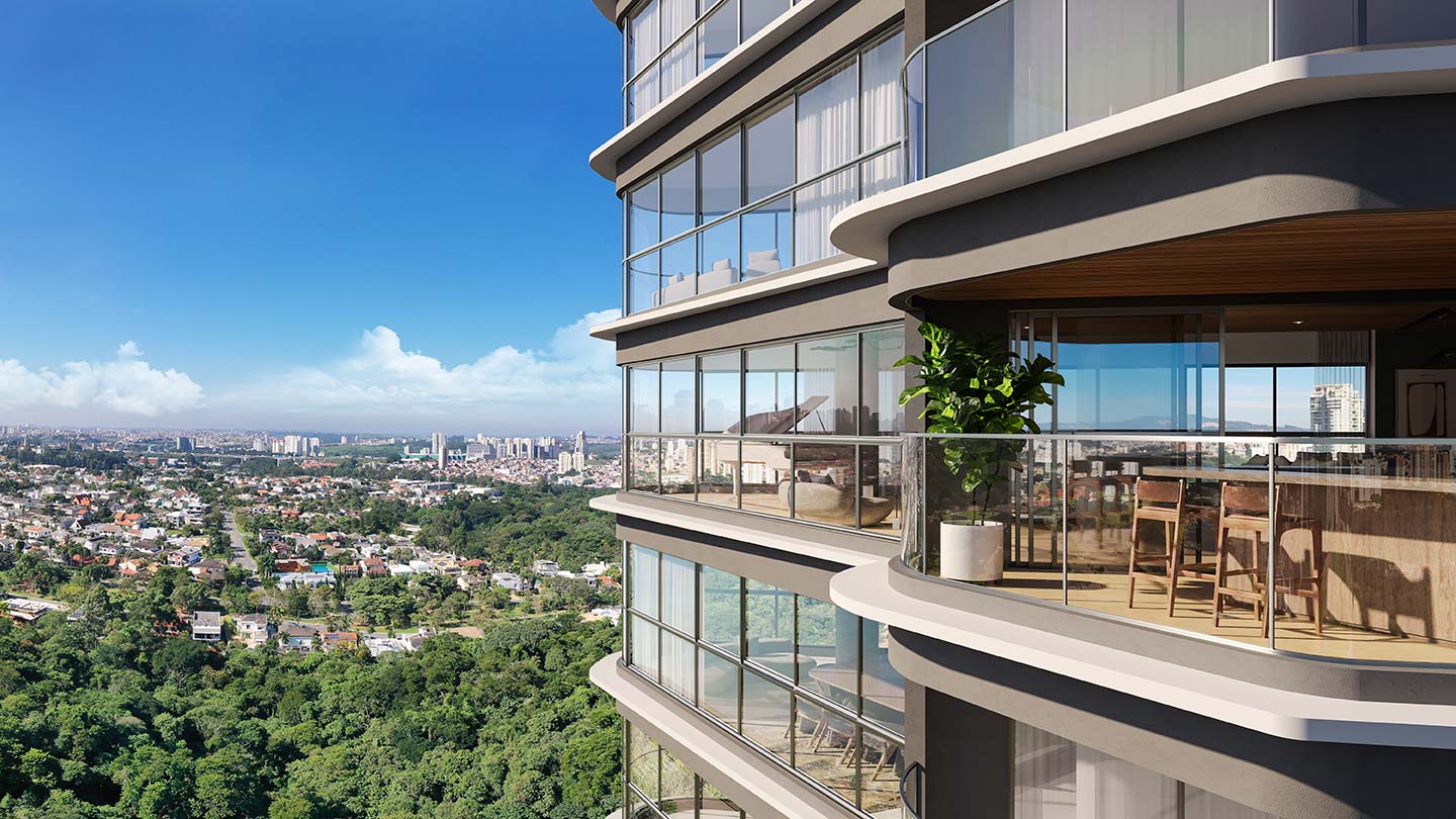 Signature Alphaville — Vista da fachada e living — (11) 4237-8776 | 98026-0864 Perspectiva ilustrativa do Signature Alphaville: Vista da fachada e living