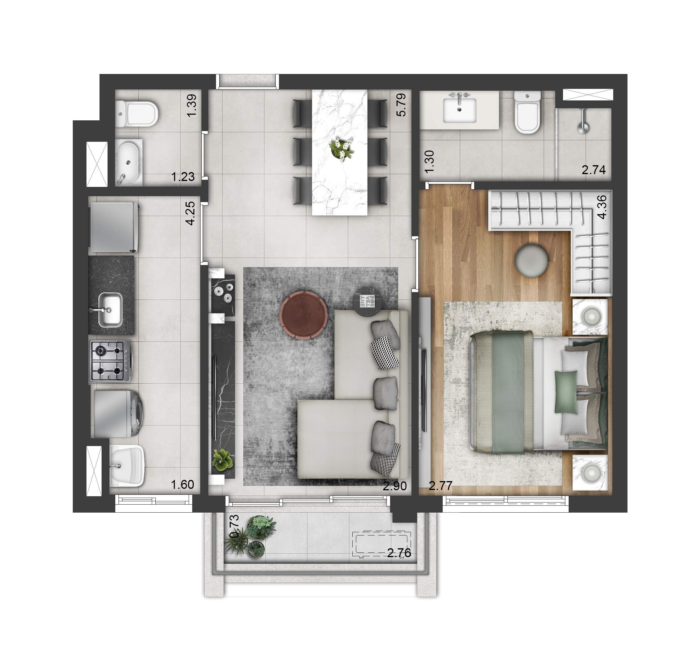Soul Itapecuru: planta de 51 m² com alternativa de mobiliário
