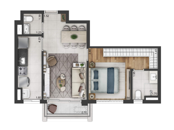 Soul Itapecuru: planta de 52 m² com alternativa de mobiliário