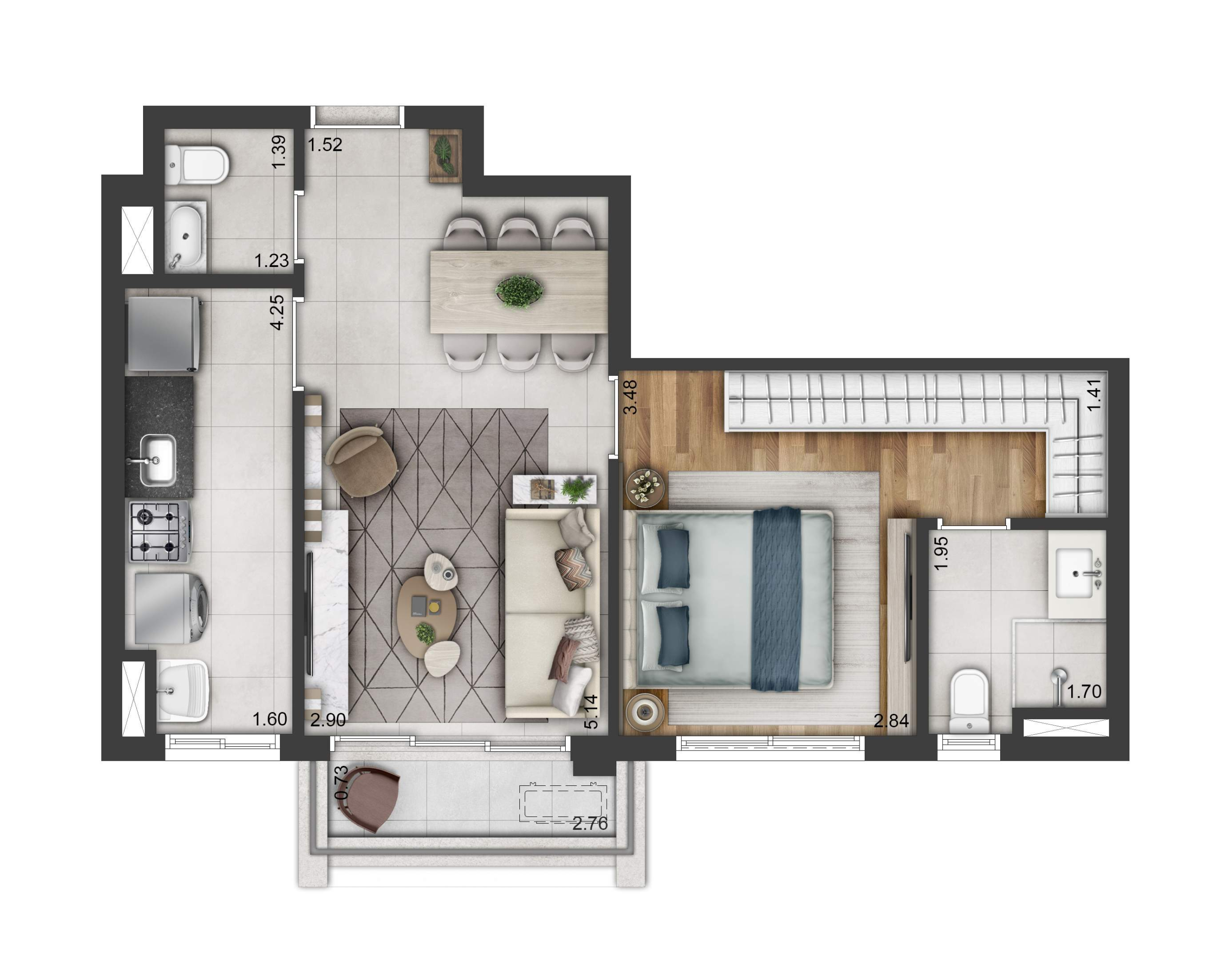 Soul Itapecuru: planta de 52 m² com alternativa de mobiliário