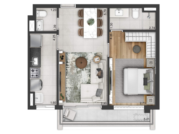 Soul Itapecuru: planta de 54 m² com alternativa de mobiliário