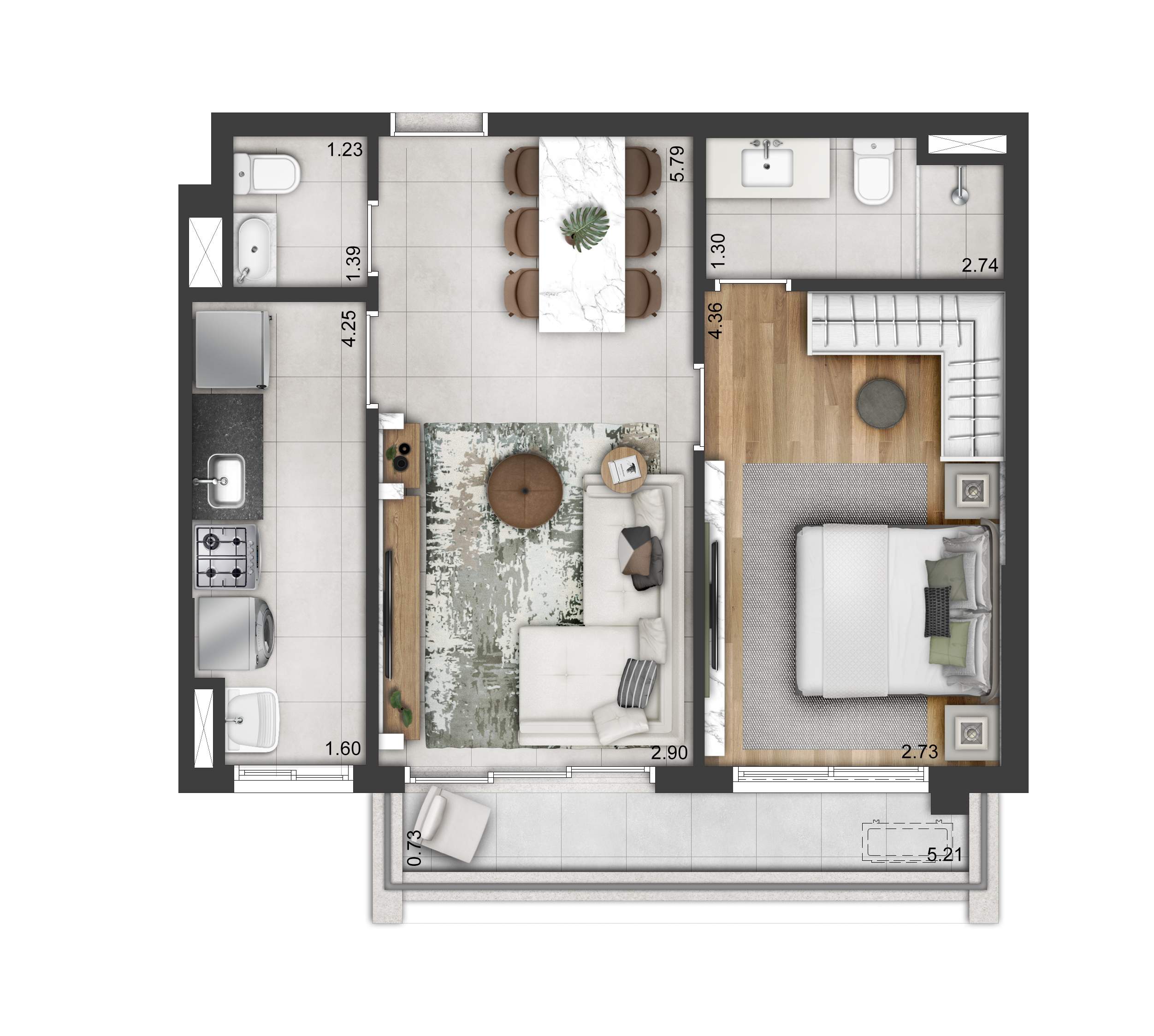 Soul Itapecuru: planta de 54 m² com alternativa de mobiliário