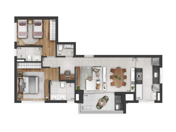 Soul Itapecuru: planta de 84 m² com alternativa de mobiliário