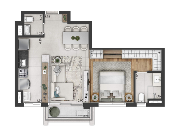 Soul Itapecuru: planta completa de 52 m², uma suíte, lavabo e varanda