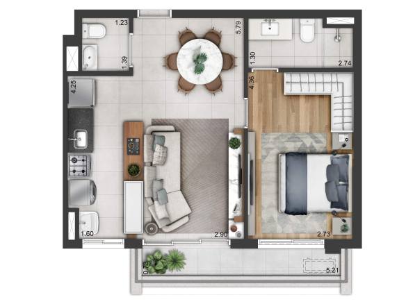 Soul Itapecuru: planta completa de 54 m², uma suíte, lavabo e varanda alongada