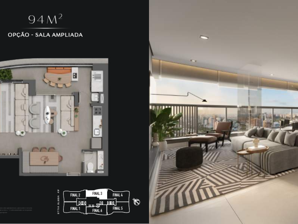 Square Design Residence – Living decorado de 94 m² e configuração ampliada — página integral do book RSF