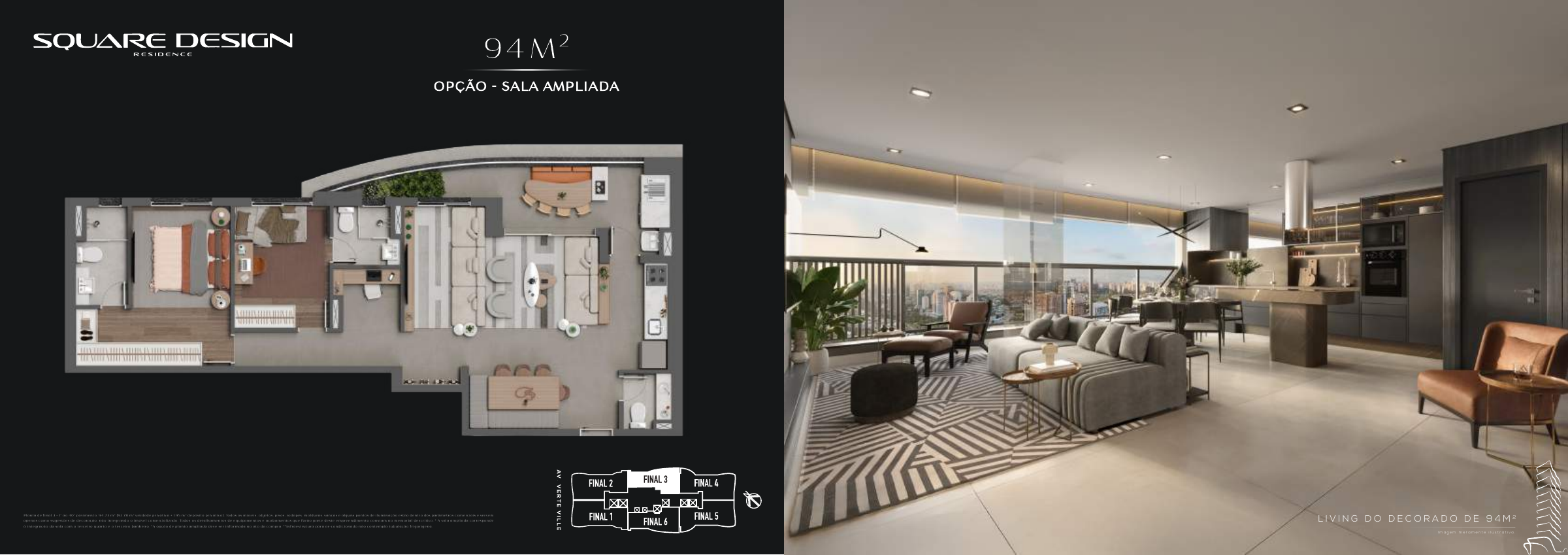 Square Design Residence – Living decorado de 94 m² e configuração ampliada — página integral do book RSF
