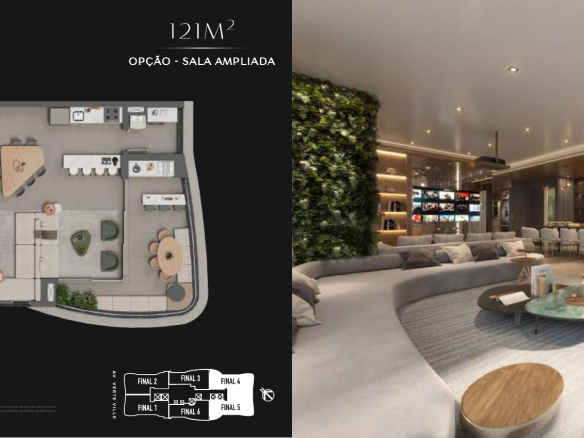 Square Design Residence – Living decorado de 121 m² e configuração ampliada — página integral do book RSF