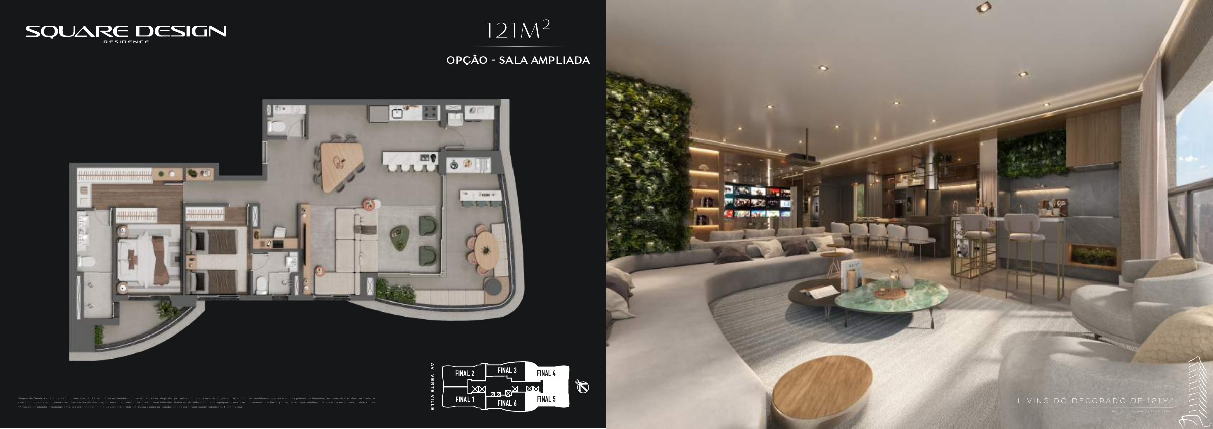 Square Design Residence – Living decorado de 121 m² e configuração ampliada — página integral do book RSF
