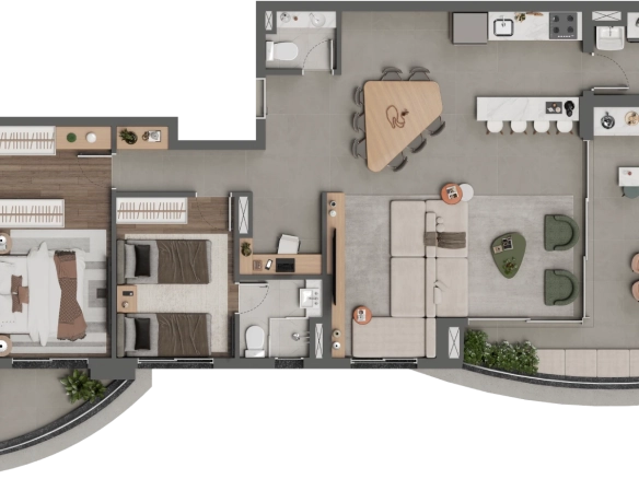 Square Design Residence – Planta 121 m² finais 4 e 5 com 2 suítes e living ampliado