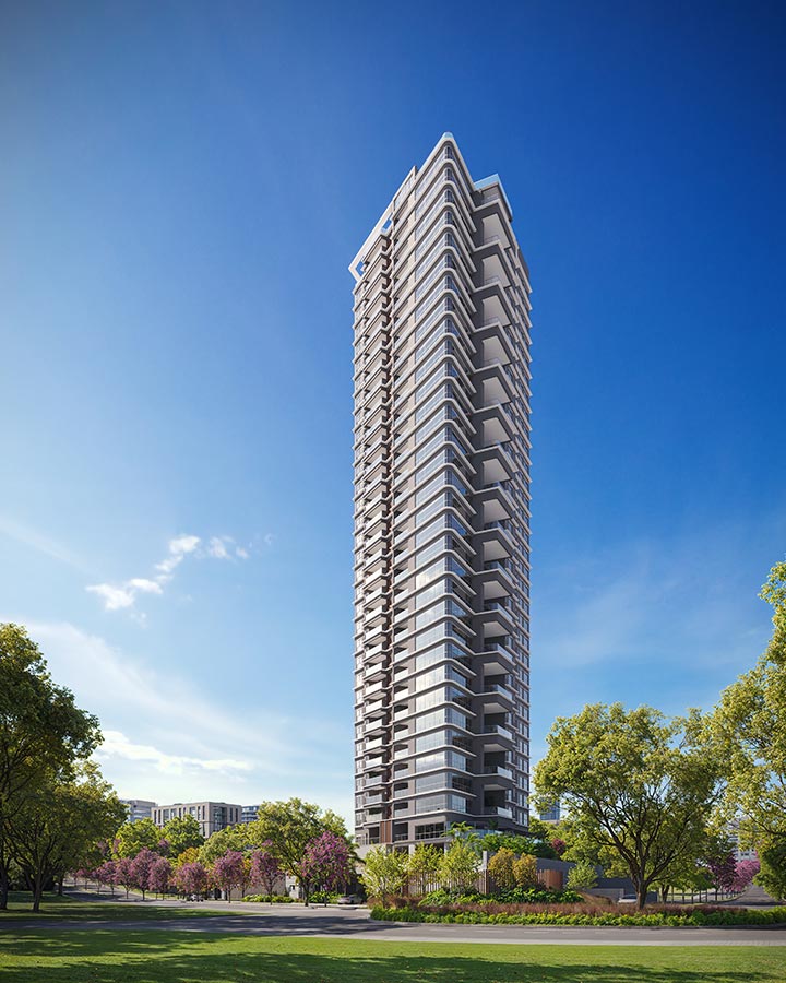 Vista Alphagran 160 m2 — fachada da torre completa, perspectiva oficial
