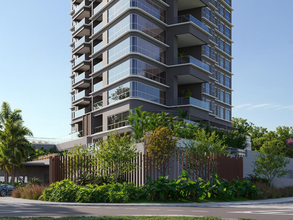 Vista Alphagran 277 m2 — fachada e embasamento do empreendimento, perspectiva oficial