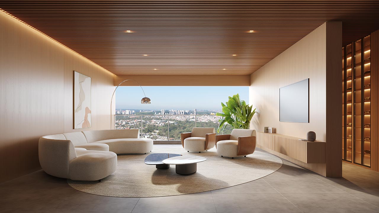Vista Alphagran cobertura duplex 298 m2 — perspectiva do living de 126 m² do empreendimento, referência geral