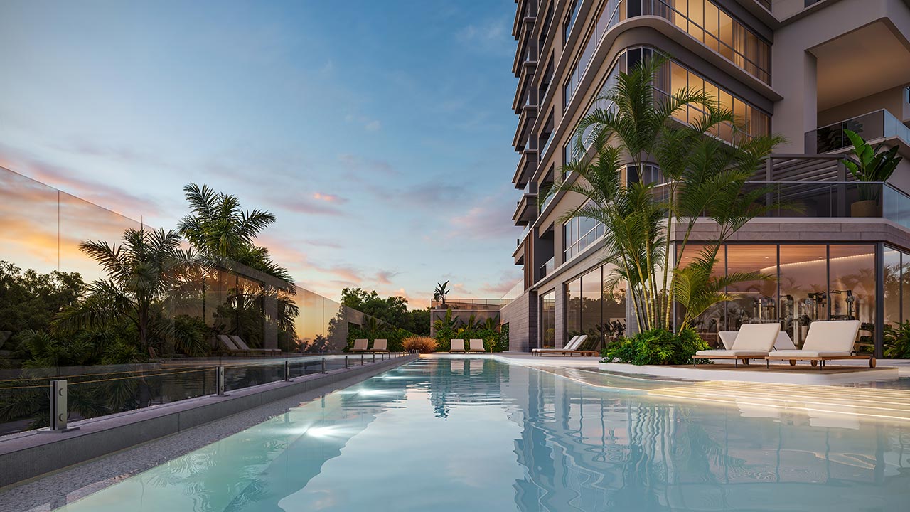 Vista Alphagran garden 220 m2 — piscina externa comum do empreendimento, perspectiva oficial