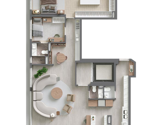 Vista Alphagran — Planta 160 m2 de duas suítes e living ampliado, desenho individual oficial