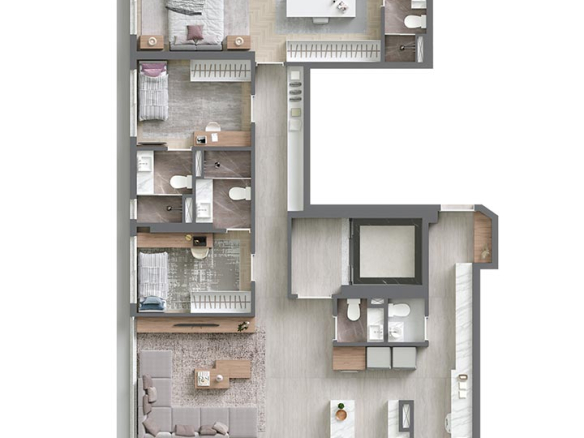 Vista Alphagran — Planta 160 m2 de três suítes, desenho individual oficial