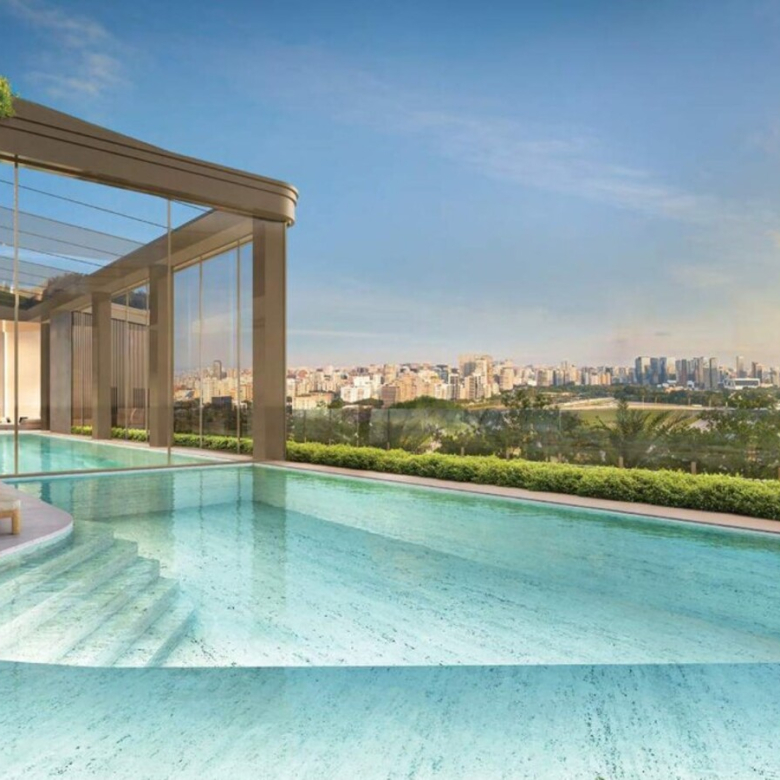 Perspectiva da piscina descoberta do Vista Cyrela Torre Milano