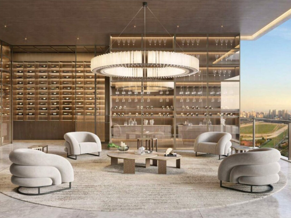 Perspectiva da planta tipo final 1 com sala ampliada e adega na Torre Milano