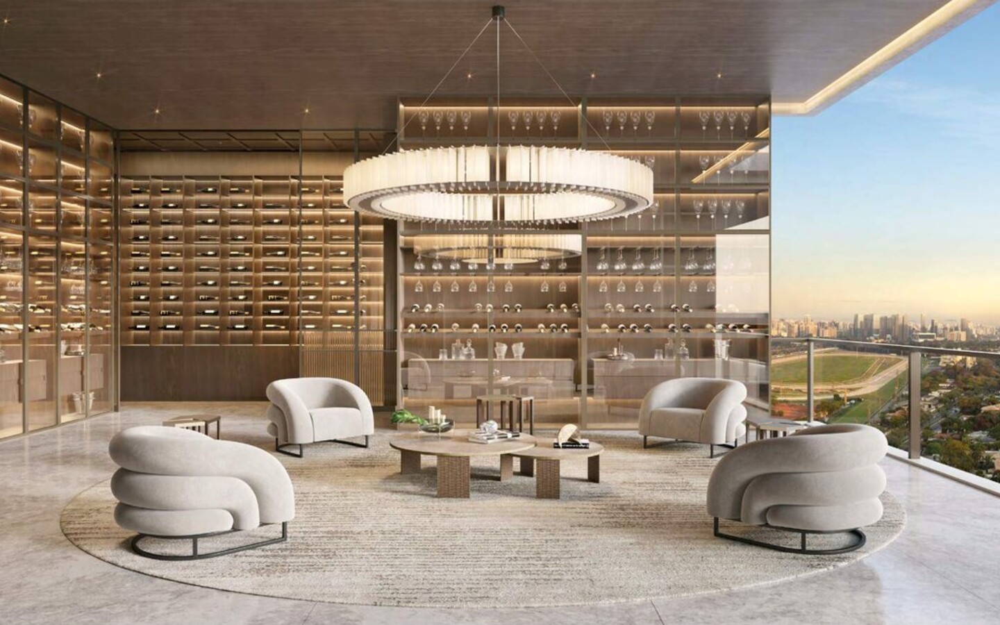 Perspectiva da planta tipo final 1 com sala ampliada e adega na Torre Milano