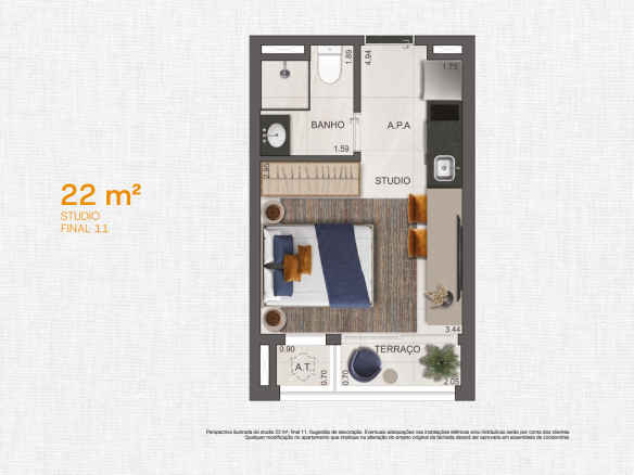 VP Cotovia studio — planta de 22 m², final 11, com cozinha integrada e terraço