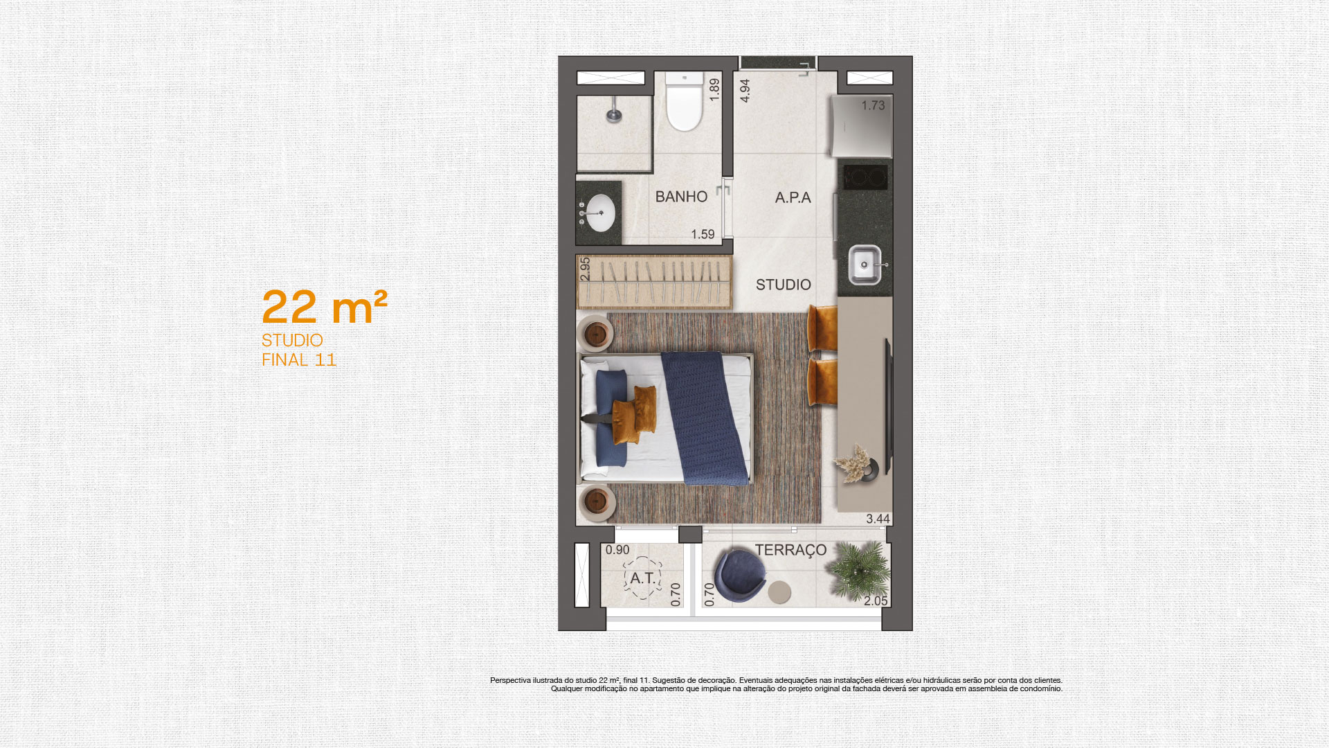 VP Cotovia studio — planta de 22 m², final 11, com cozinha integrada e terraço