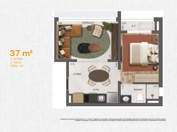 VP Cotovia 1 dormitório — planta de 37 m², uma suíte, terraço e uma vaga, final 04