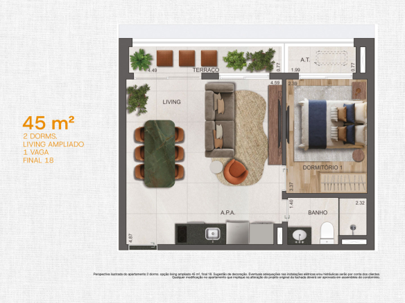 VP Cotovia — Planta de 45 m² com living ampliado, um dormitório, final 18