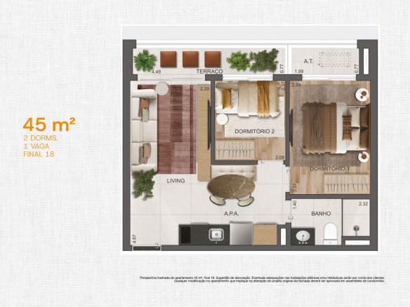 VP Cotovia 2 dormitórios — planta padrão de 45 m², final 18, terraço e uma vaga
