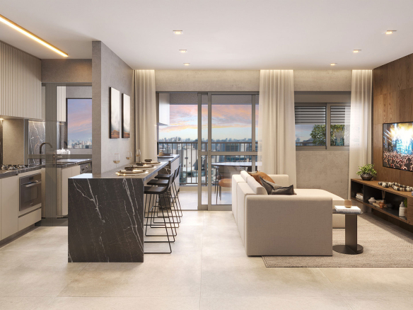 VP Moema — Perspectiva — living da opção de 60 m² ampliada