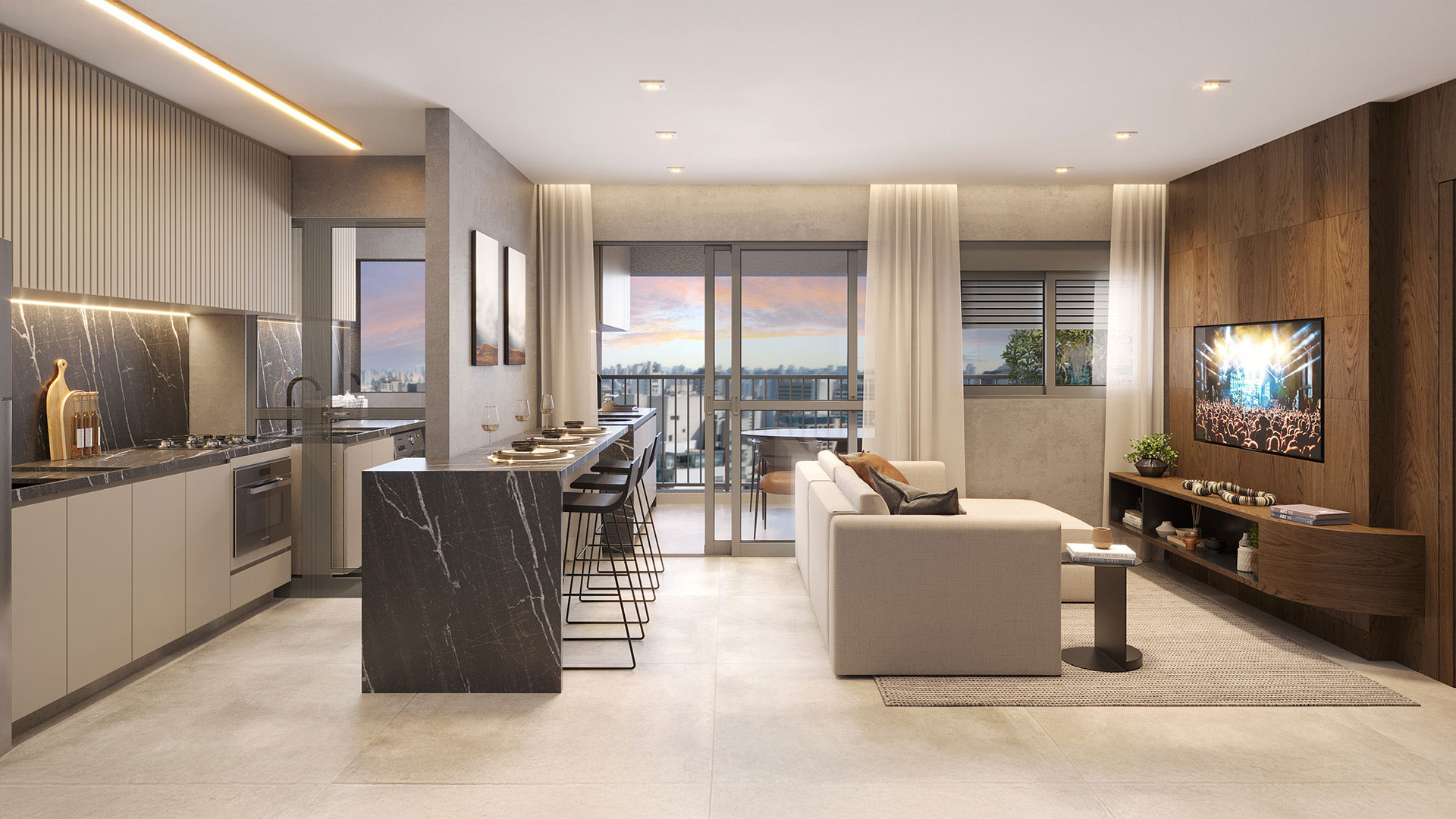 VP Moema — Perspectiva — living da opção de 60 m² ampliada