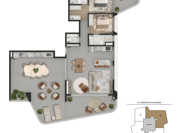Aero Design by Pininfarina 166 m2 – planta integral de 166 m², 2 suítes e lavabo, 14º pavimento, Torre 1 finais 2 e 4