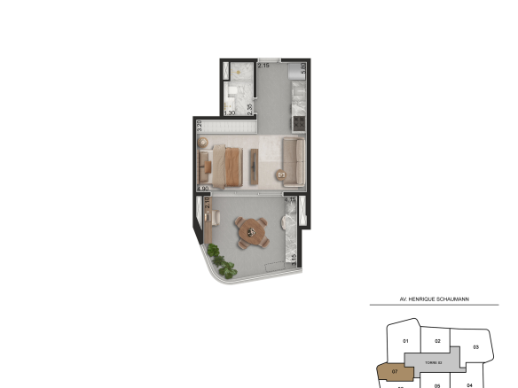 Aero Design by Pininfarina studio 44 m2 – planta integral do studio de 44 m², ambiente integrado sem quarto separado, Torre 2 final 7