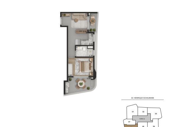 Aero Design by Pininfarina 45 m2 – planta integral de 45 m², 1 dormitório, banheiro social, Torre 2 final 6