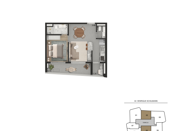Aero Design by Pininfarina 55 m2 – planta integral de 55 m², 1 suíte e lavabo, Torre 2 final 2