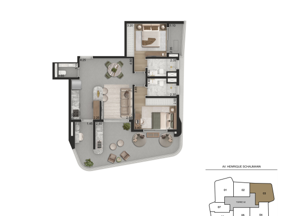 Aero Design by Pininfarina 90 m2 – planta integral de 90 m², 2 suítes e lavabo, Torre 2 final 3