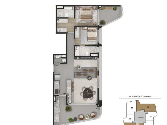 Aero Design by Pininfarina 104 m2 – planta integral de 104 m², 2 suítes e lavabo, Torre 1 finais 2 e 5