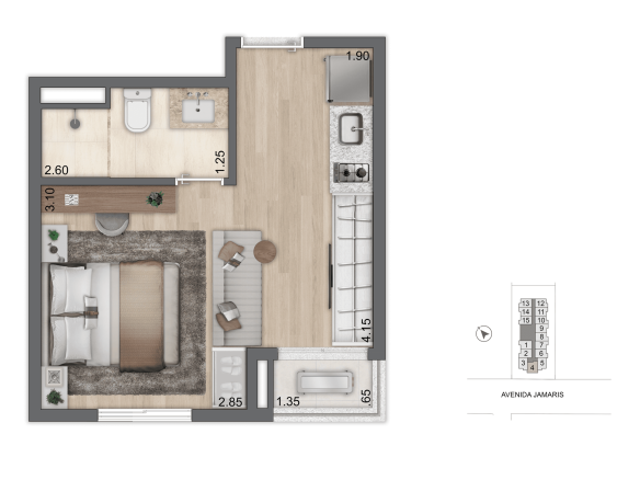 Aura Moema by Cyrela Studios: planta padrão de 23 m², final 4