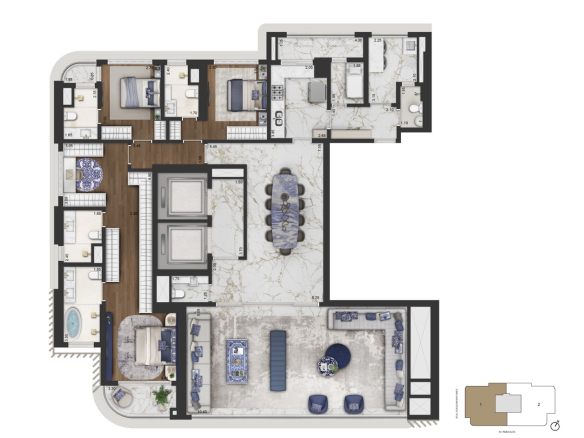 CAPRI Lifestyle by Dolce&Gabbana Casa: Apartamento 246 m², final 1, opção 1 com três suítes e master ampliada