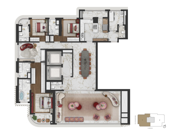 CAPRI Lifestyle by Dolce&Gabbana Casa: Apartamento 246 m², final 1, opção 2 com três suítes e sala íntima