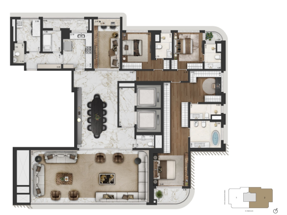 CAPRI Lifestyle by Dolce&Gabbana Casa: Apartamento 279 m², final 2, opção 1 com três suítes e master ampliada