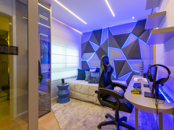 Eden Park by Dror | Eden West – Dormitório com decoração gamer do decorado de 134 m²