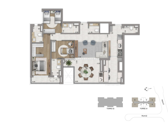Eden Park by Dror | Eden West – Planta individual – Apartamento 123 m² | Opção 01 | 3 suítes e terraço integrado