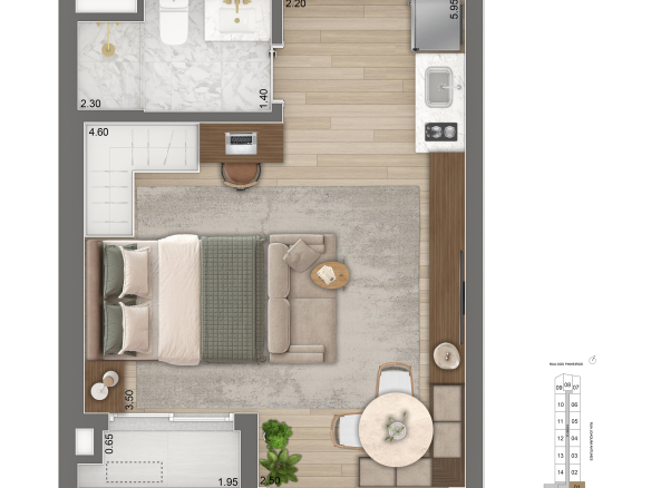 Epic Apartments studio 32 m2 - planta HMP de ponta final 1 com ambiente integrado