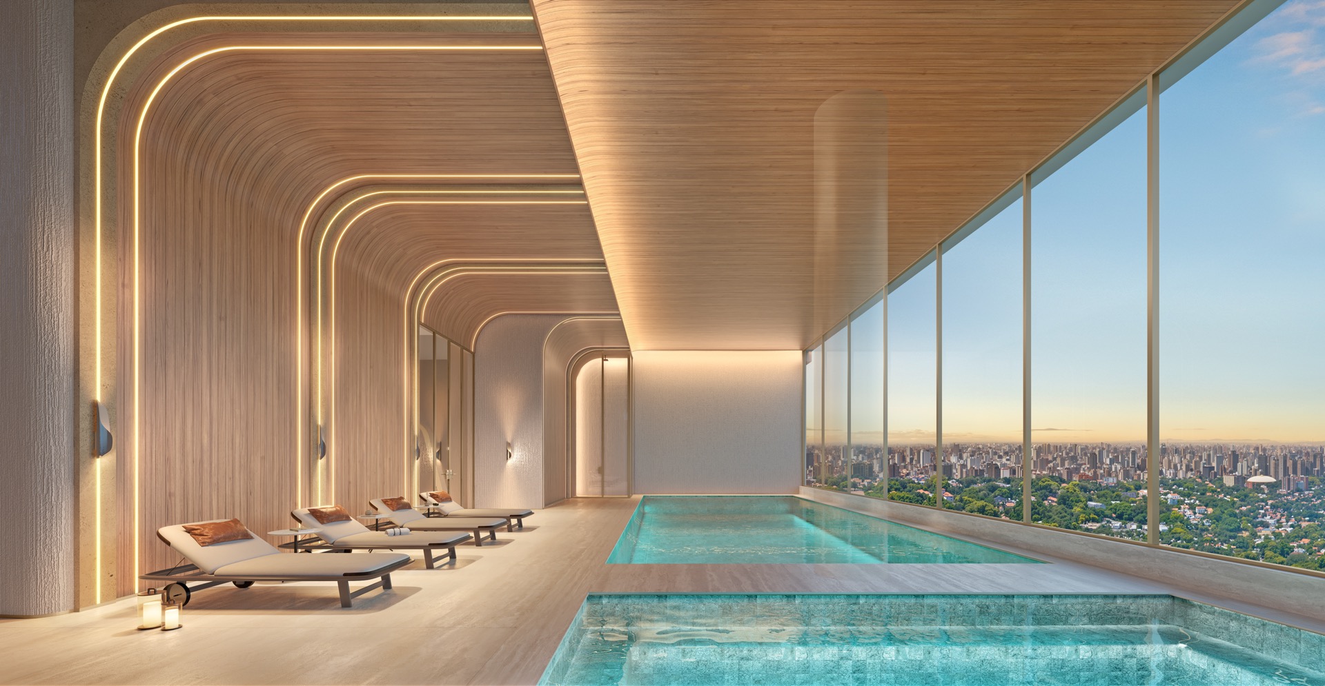 Epic Jardim Europa Design by Pininfarina — piscina coberta do Wellness do 51º pavimento — Atendimento Especializado (11) 4237-8776 | 98026-0864 Epic Jardim Europa Design by Pininfarina — piscina coberta do Wellness do 51º pavimento