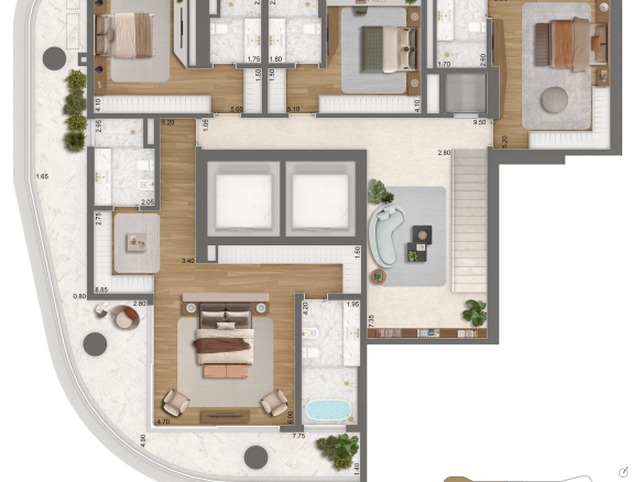 Epic Jardim Europa Design by Pininfarina — planta completa 536 m² duplex — pavimento inferior com 4 suítes