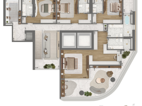 Epic Jardim Europa Design by Pininfarina — planta completa 576 m² duplex — pavimento superior com 4 suítes e 637 m² garden duplex — pavimento superior