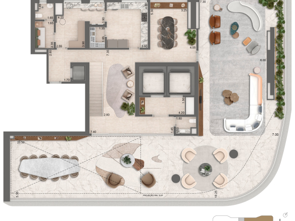 Epic Jardim Europa Design by Pininfarina — planta completa 637 m² garden duplex — pavimento inferior com 4 suítes