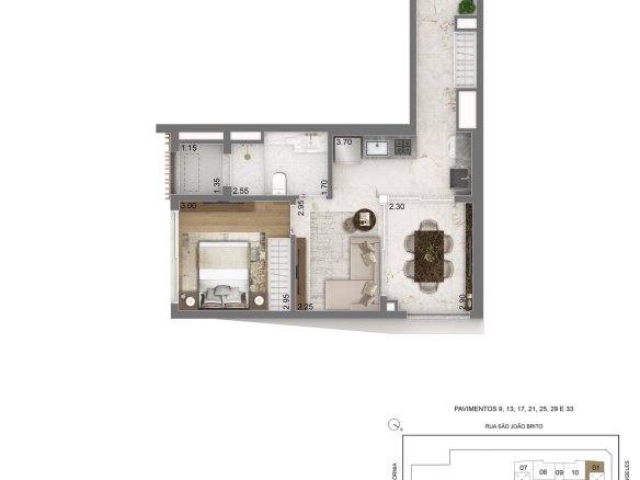 Escape Brooklin — planta privativa de 52 m² — apartamento HMP com 1 dormitório