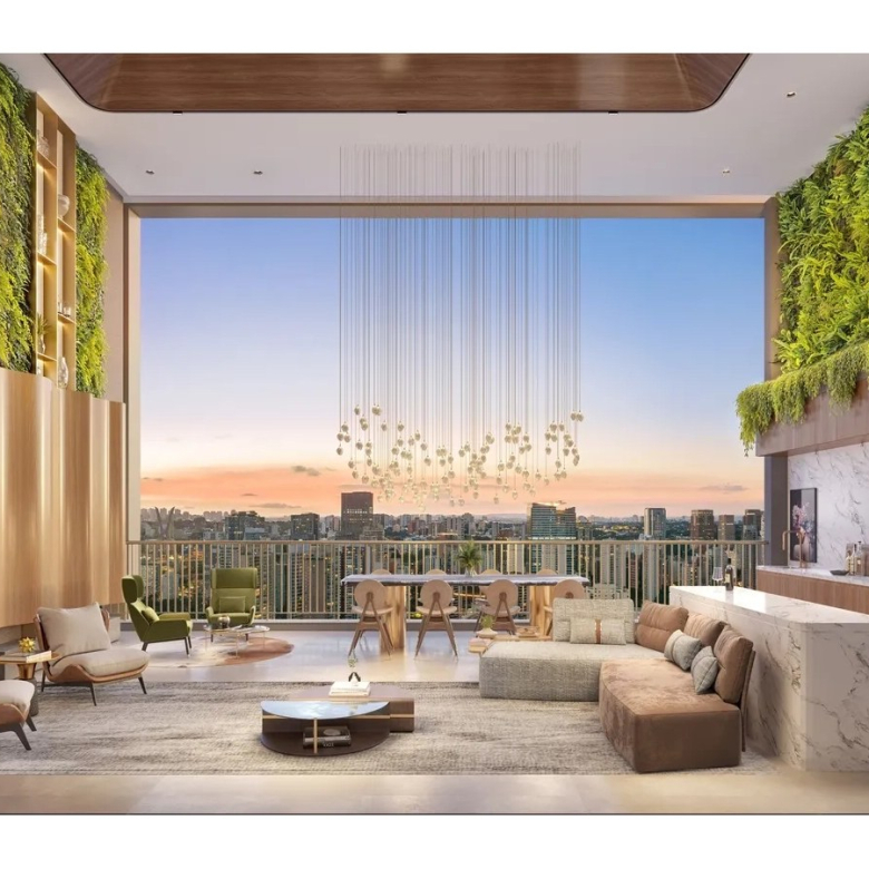 Escape Brooklin 97 m2 — perspectiva ilustrada do living com pé-direito duplo da tipologia de 97 m²