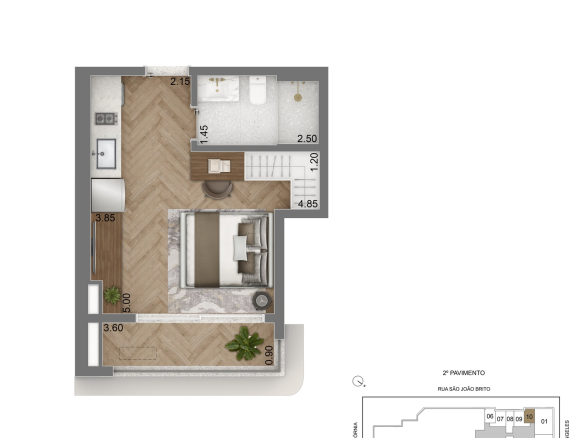 Escape Brooklin — planta privativa de 30 m² — studio HMP com ambiente integrado